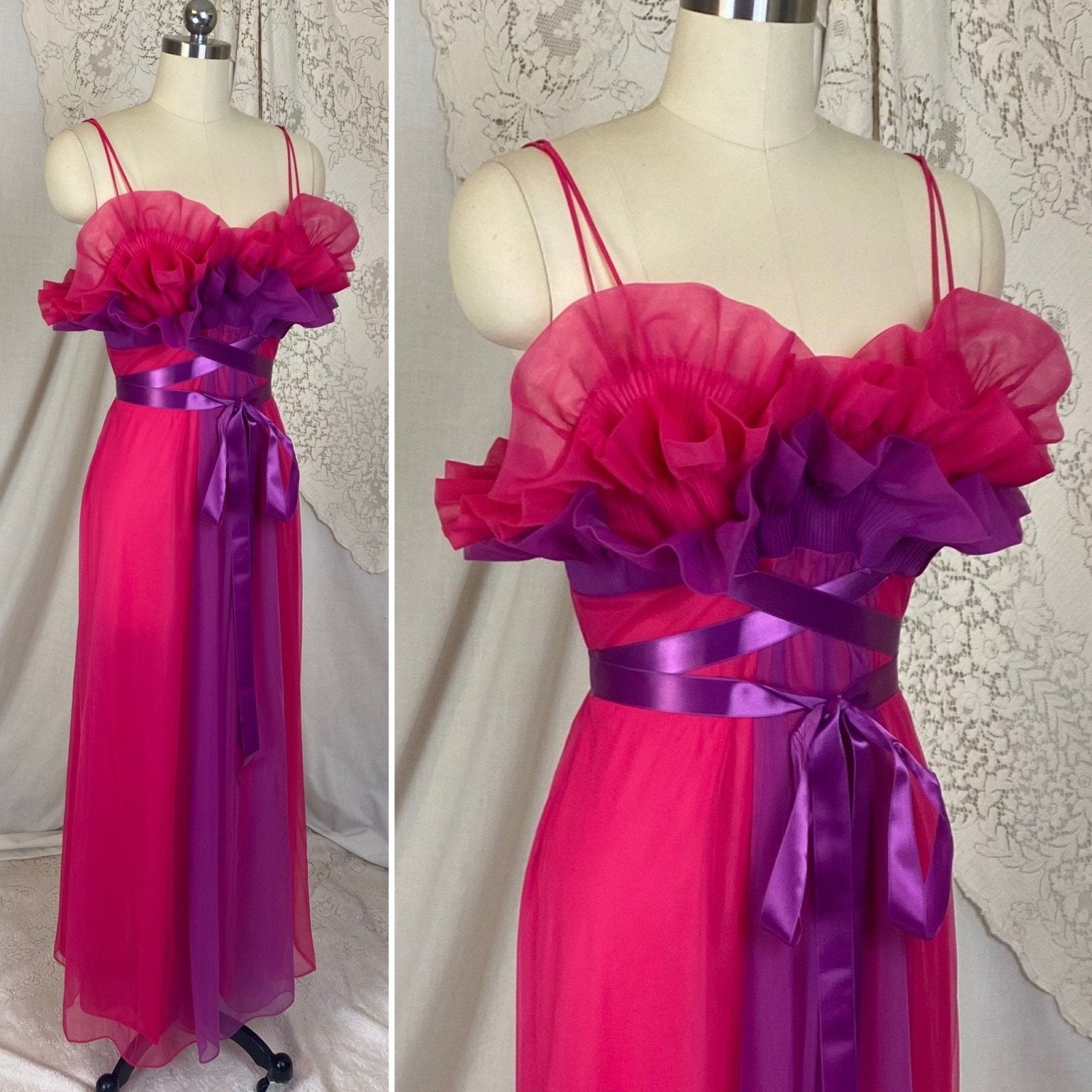 Vintage 1960's Nightgown | Hot Pink & Violet Purple Nylon Chiffon with Satin Ribbon Ties | Size S | Vanity Fair - Daggers & Dames