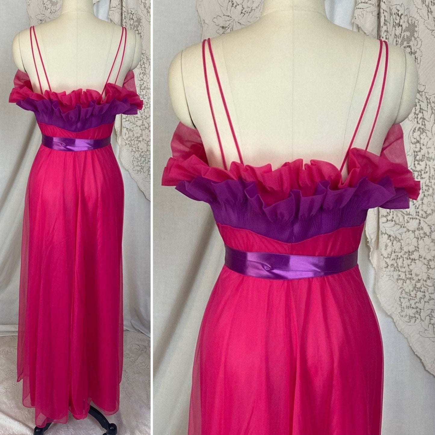 Vintage 1960's Nightgown | Hot Pink & Violet Purple Nylon Chiffon with Satin Ribbon Ties | Size S | Vanity Fair - Daggers & Dames