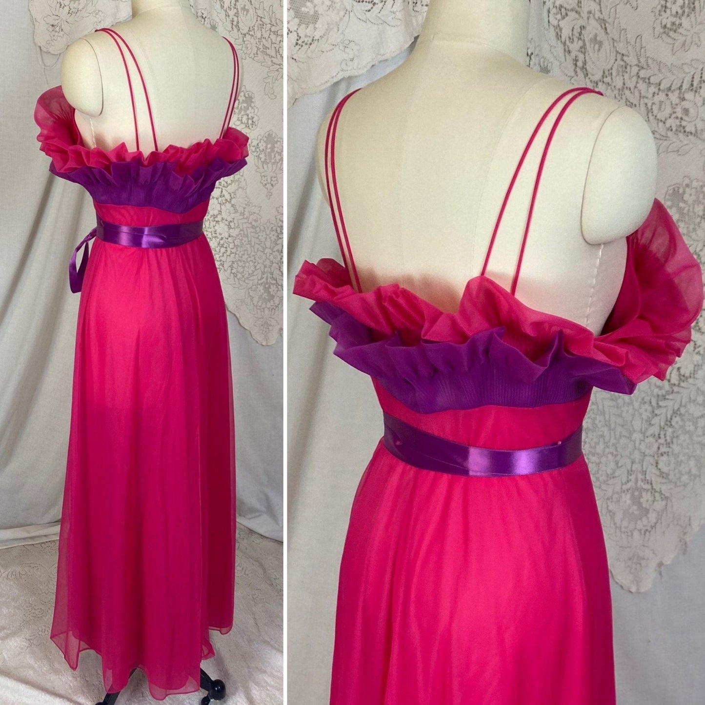 Vintage 1960's Nightgown | Hot Pink & Violet Purple Nylon Chiffon with Satin Ribbon Ties | Size S | Vanity Fair - Daggers & Dames
