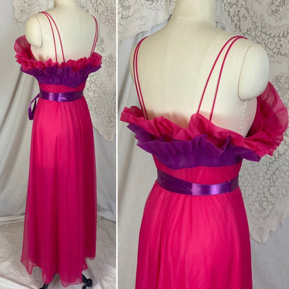 Vintage 1960's Nightgown | Hot Pink & Violet Purple Nylon Chiffon with Satin Ribbon Ties | Size S | Vanity Fair - Daggers & Dames