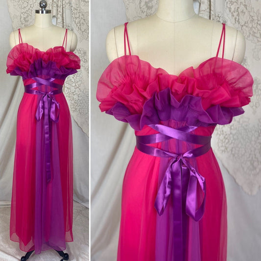 Vintage 1960's Nightgown | Hot Pink & Violet Purple Nylon Chiffon with Satin Ribbon Ties | Size S | Vanity Fair - Daggers & Dames
