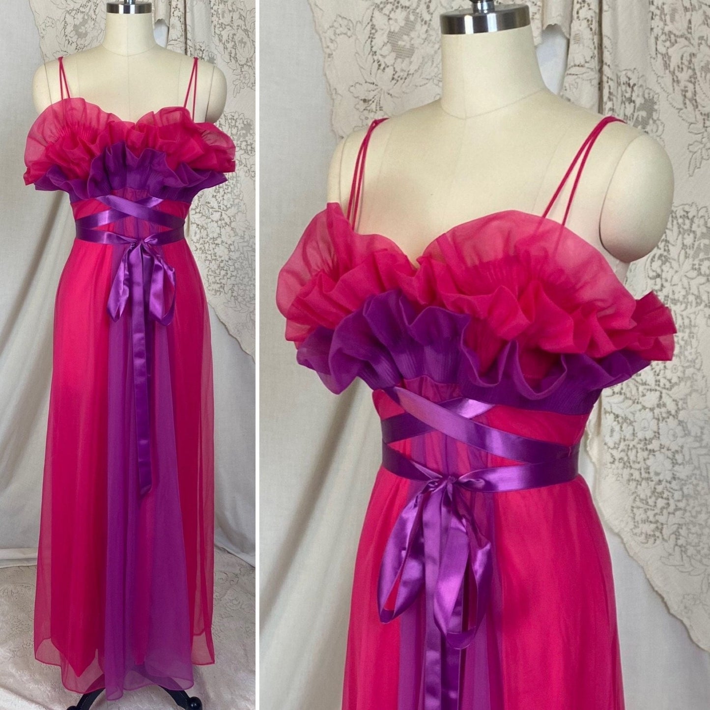Vintage 1960's Nightgown | Hot Pink & Violet Purple Nylon Chiffon with Satin Ribbon Ties | Size S | Vanity Fair - Daggers & Dames