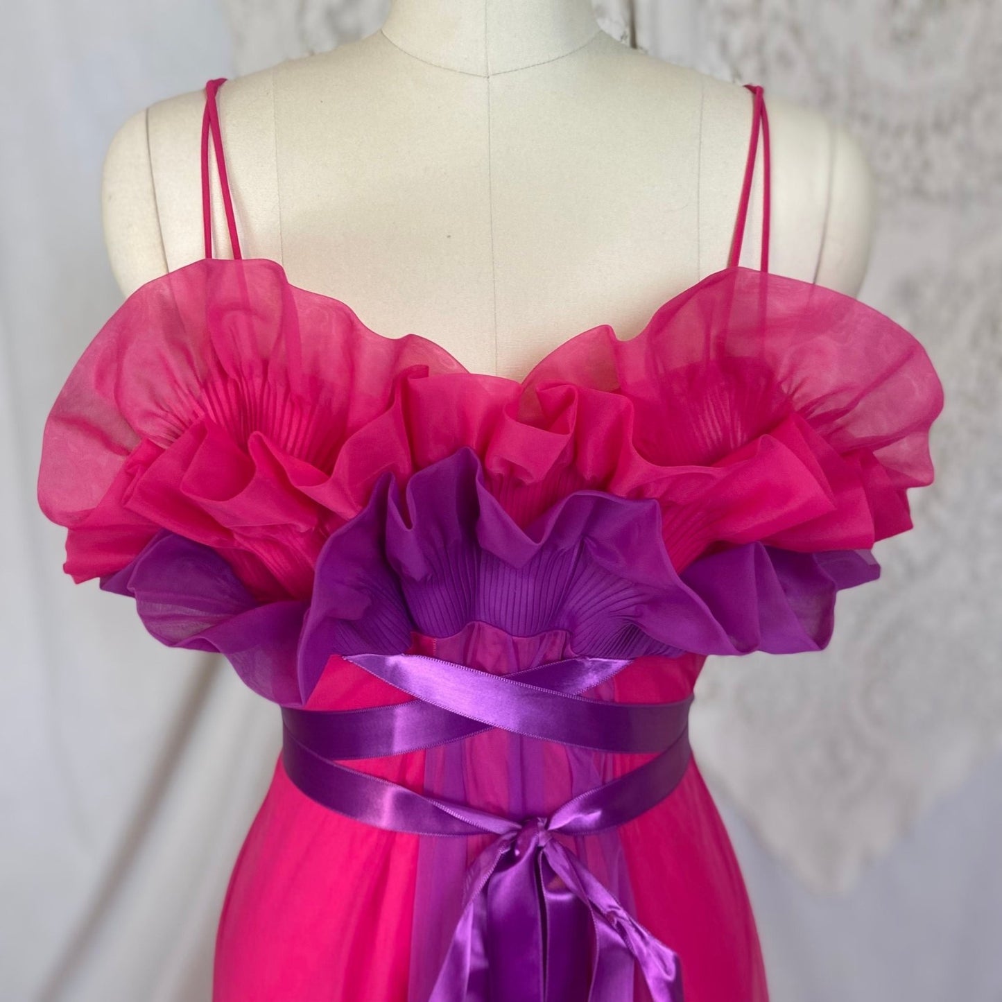 Vintage 1960's Nightgown | Hot Pink & Violet Purple Nylon Chiffon with Satin Ribbon Ties | Size S | Vanity Fair - Daggers & Dames