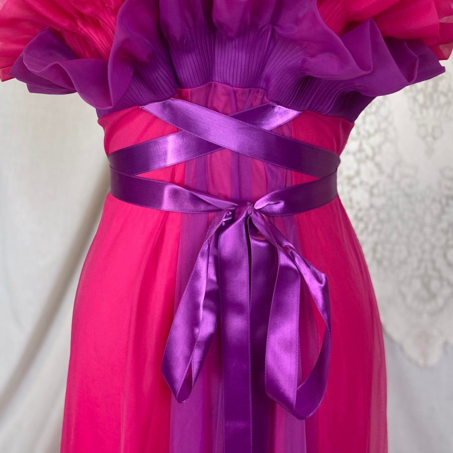 Vintage 1960's Nightgown | Hot Pink & Violet Purple Nylon Chiffon with Satin Ribbon Ties | Size S | Vanity Fair - Daggers & Dames
