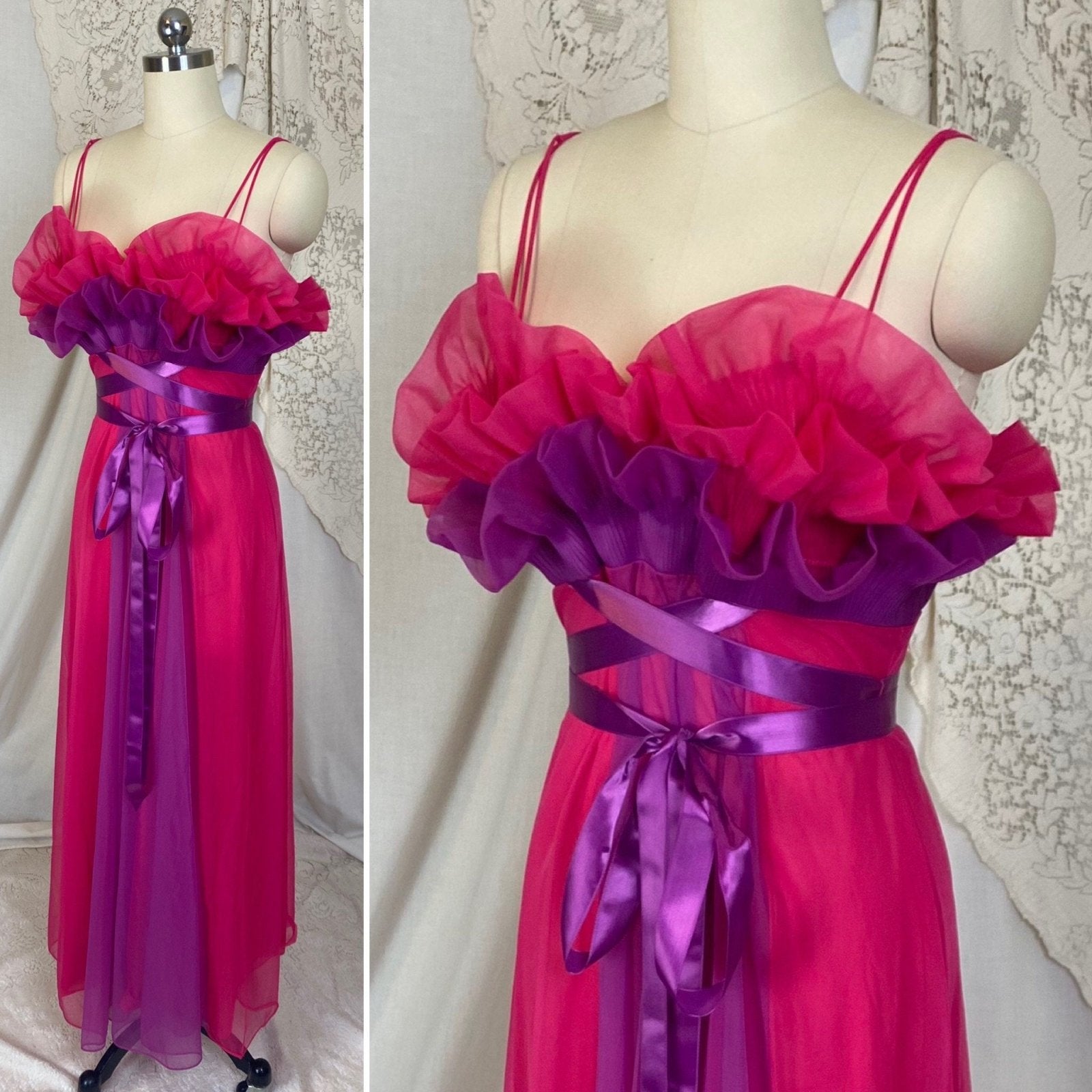 Vintage 1960's Nightgown | Hot Pink & Violet Purple Nylon Chiffon with Satin Ribbon Ties | Size S | Vanity Fair - Daggers & Dames