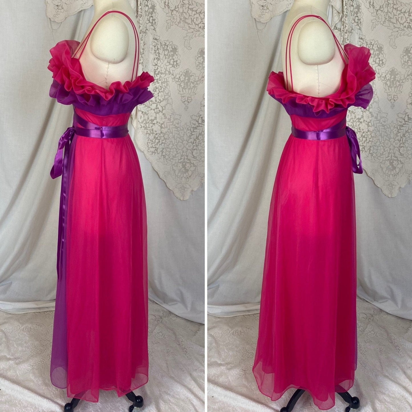 Vintage 1960's Nightgown | Hot Pink & Violet Purple Nylon Chiffon with Satin Ribbon Ties | Size S | Vanity Fair - Daggers & Dames