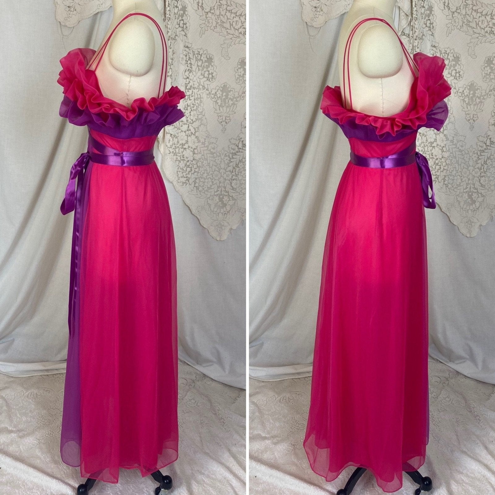 Vintage 1960's Nightgown | Hot Pink & Violet Purple Nylon Chiffon with Satin Ribbon Ties | Size S | Vanity Fair - Daggers & Dames