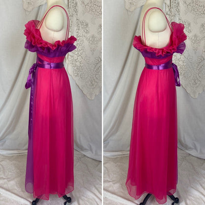 Vintage 1960's Nightgown | Hot Pink & Violet Purple Nylon Chiffon with Satin Ribbon Ties | Size S | Vanity Fair - Daggers & Dames