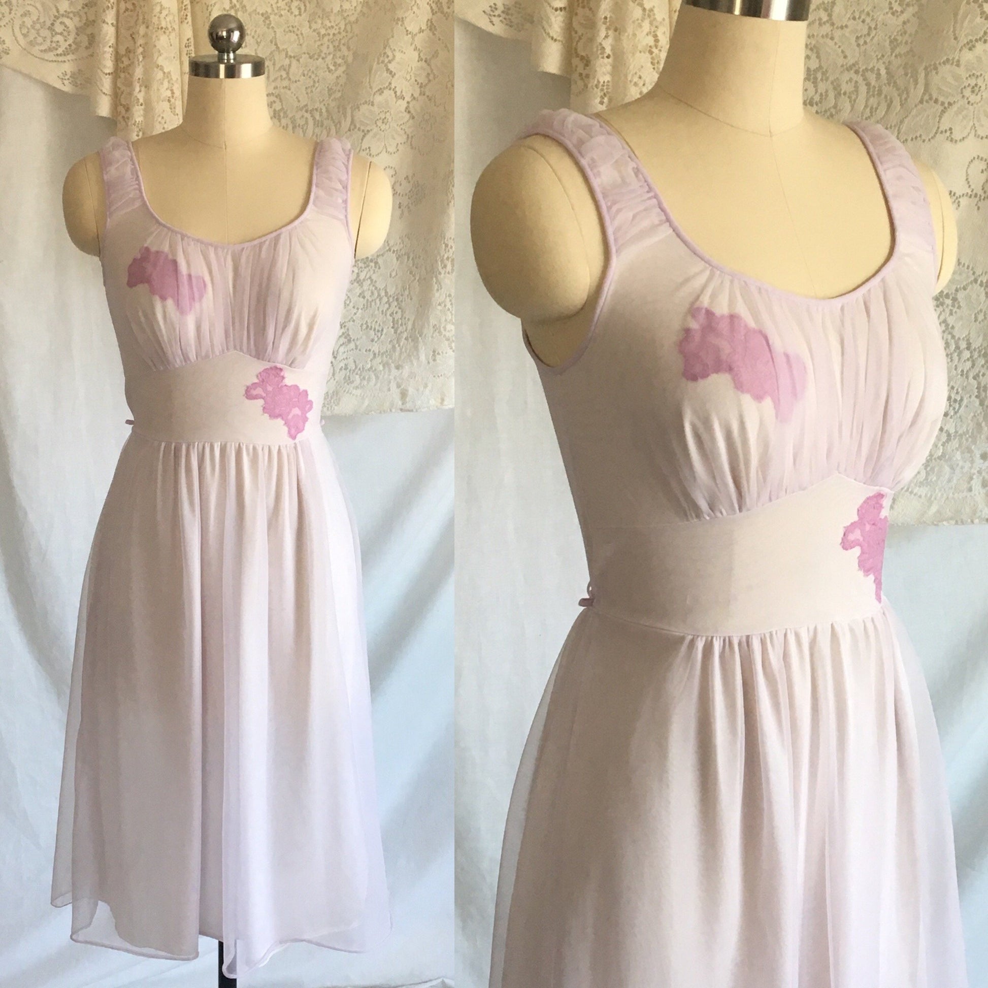 Vintage 1960's Nightgown | Lilac & Violet Purple Nylon Chiffon with Lace Appliques | Gilead | Size XS - S - Daggers & Dames