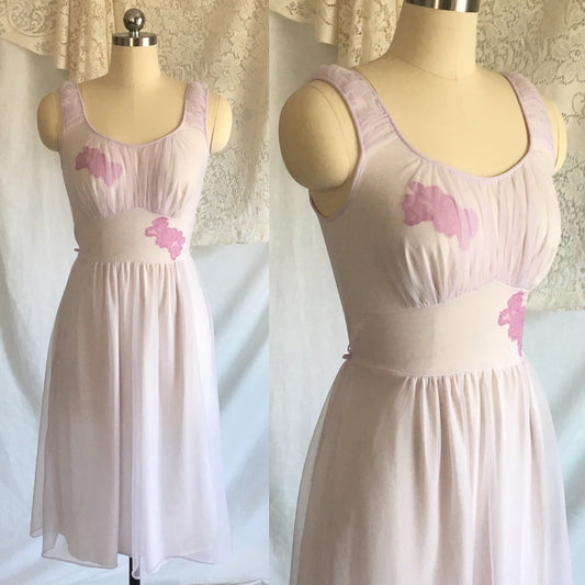 Vintage 1960's Nightgown | Lilac & Violet Purple Nylon Chiffon with Lace Appliques | Gilead | Size XS - S - Daggers & Dames