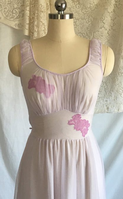 Vintage 1960's Nightgown | Lilac & Violet Purple Nylon Chiffon with Lace Appliques | Gilead | Size XS - S - Daggers & Dames