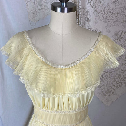 Vintage 1960's Nightgown | Pale Yellow Nylon with Crystal Pleated Chiffon Ruffles | Size M, LG | Pandora - Daggers & Dames