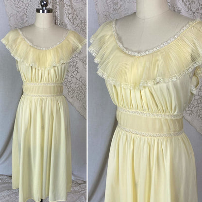 Vintage 1960's Nightgown | Pale Yellow Nylon with Crystal Pleated Chiffon Ruffles | Size M, LG | Pandora - Daggers & Dames