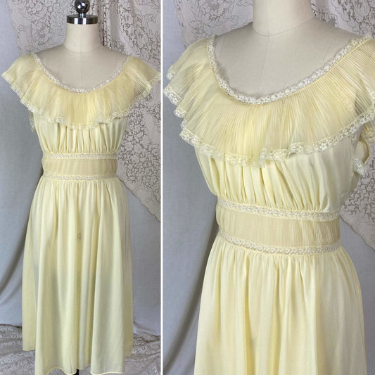 Vintage 1960's Nightgown | Pale Yellow Nylon with Crystal Pleated Chiffon Ruffles | Size M, LG | Pandora - Daggers & Dames