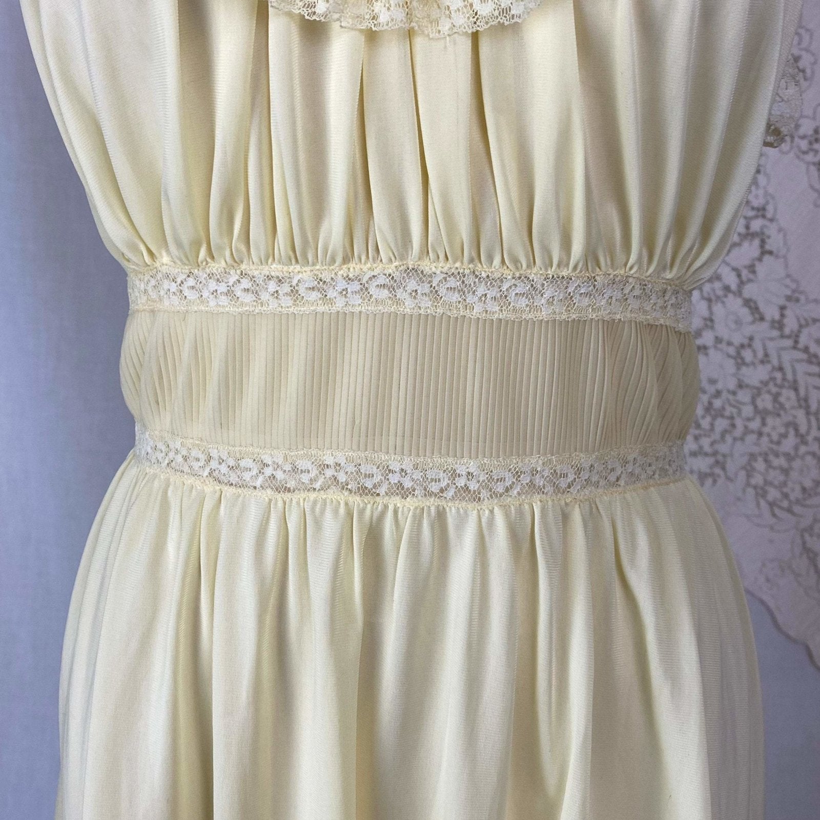 Vintage 1960's Nightgown | Pale Yellow Nylon with Crystal Pleated Chiffon Ruffles | Size M, LG | Pandora - Daggers & Dames