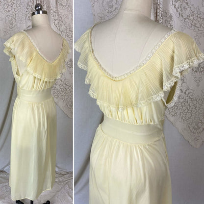 Vintage 1960's Nightgown | Pale Yellow Nylon with Crystal Pleated Chiffon Ruffles | Size M, LG | Pandora - Daggers & Dames