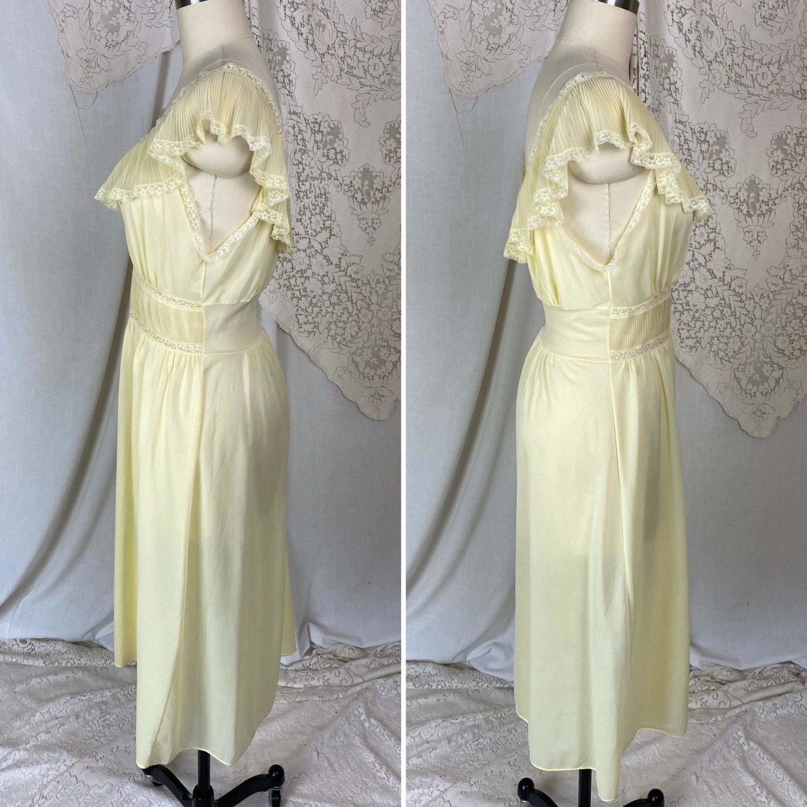 Vintage 1960's Nightgown | Pale Yellow Nylon with Crystal Pleated Chiffon Ruffles | Size M, LG | Pandora - Daggers & Dames