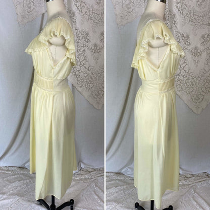 Vintage 1960's Nightgown | Pale Yellow Nylon with Crystal Pleated Chiffon Ruffles | Size M, LG | Pandora - Daggers & Dames