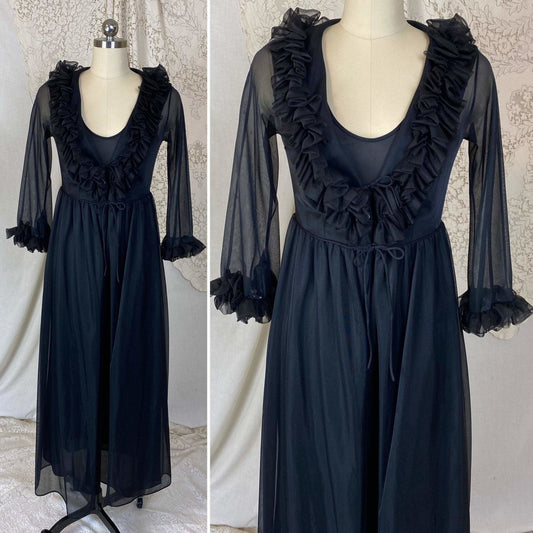 Vintage 1960's Nightgown & Peignoir Set | Black Nylon with Ruffles | Size XS, S - Daggers & Dames