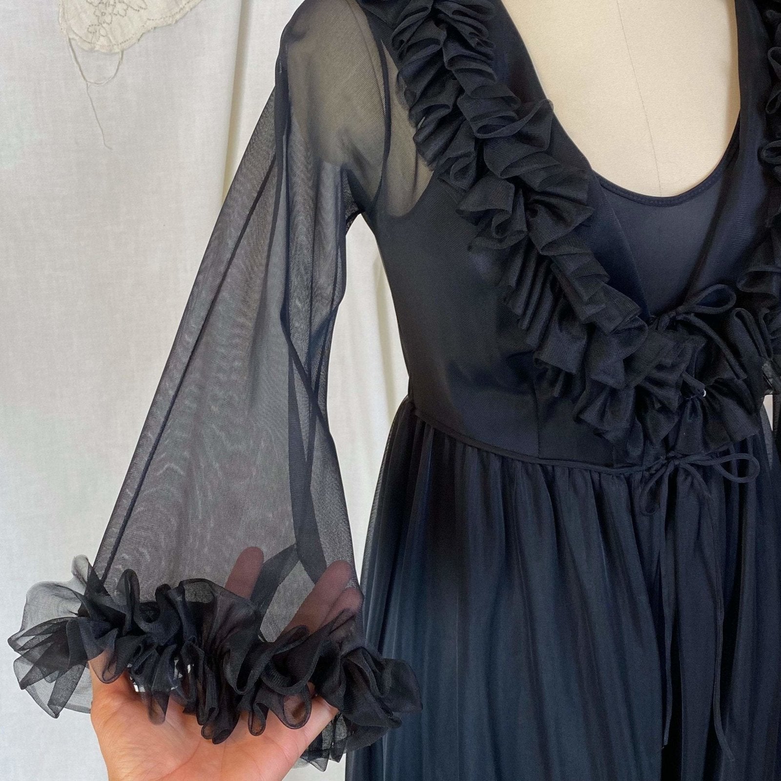 Vintage 1960's Nightgown & Peignoir Set | Black Nylon with Ruffles | Size XS, S - Daggers & Dames