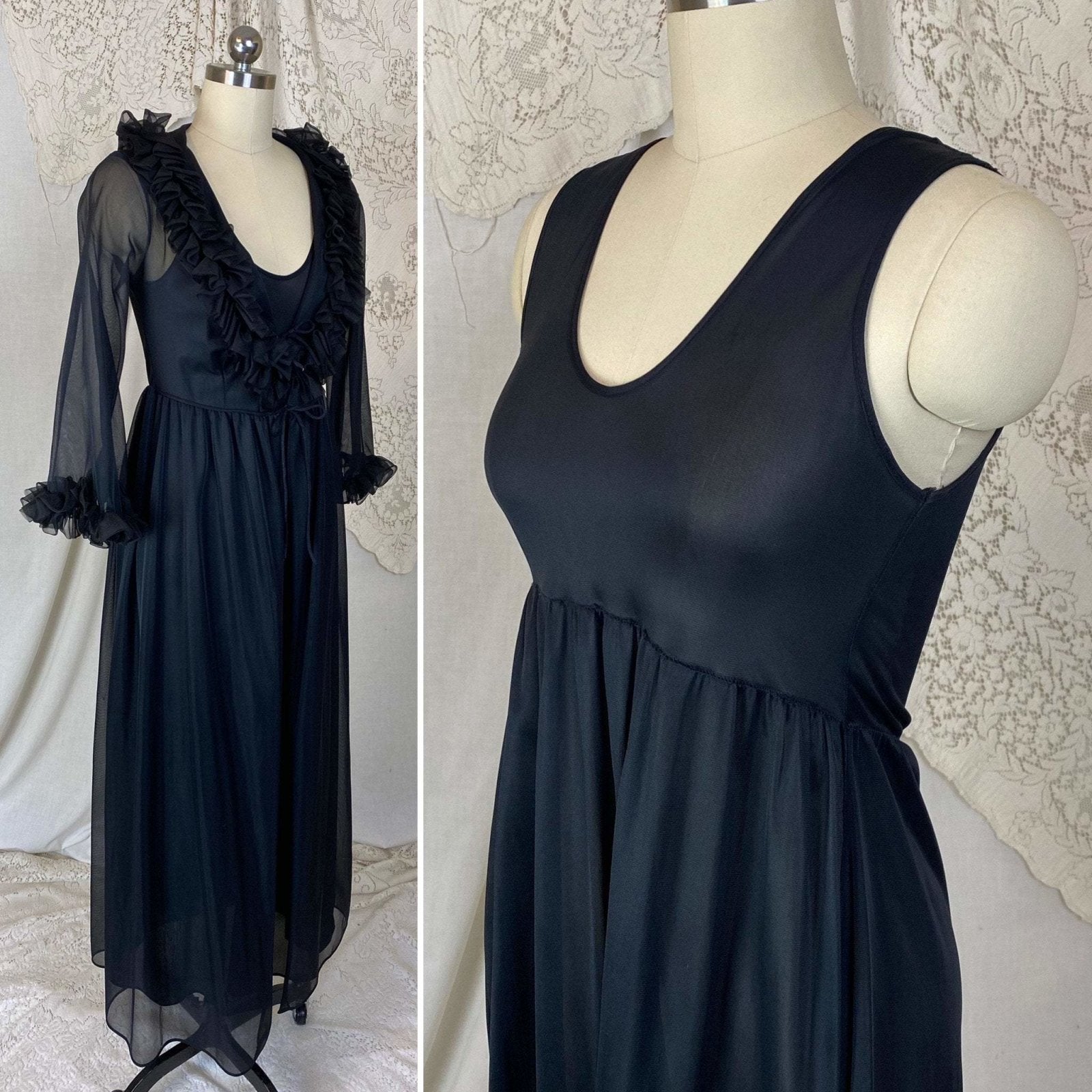 Vintage 1960's Nightgown & Peignoir Set | Black Nylon with Ruffles | Size XS, S - Daggers & Dames