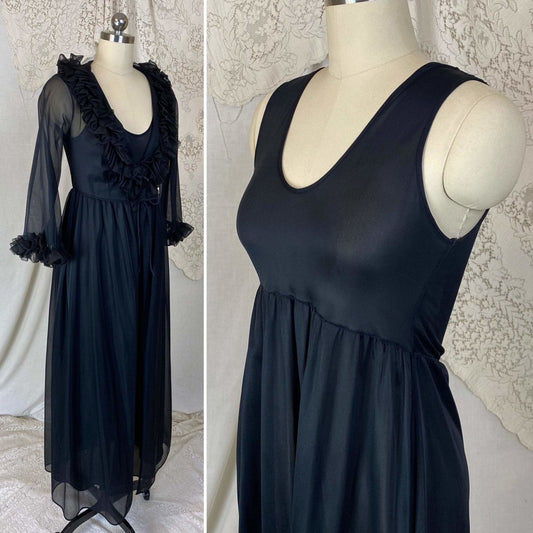 Vintage 1960's Nightgown & Peignoir Set | Black Nylon with Ruffles | Size XS, S - Daggers & Dames