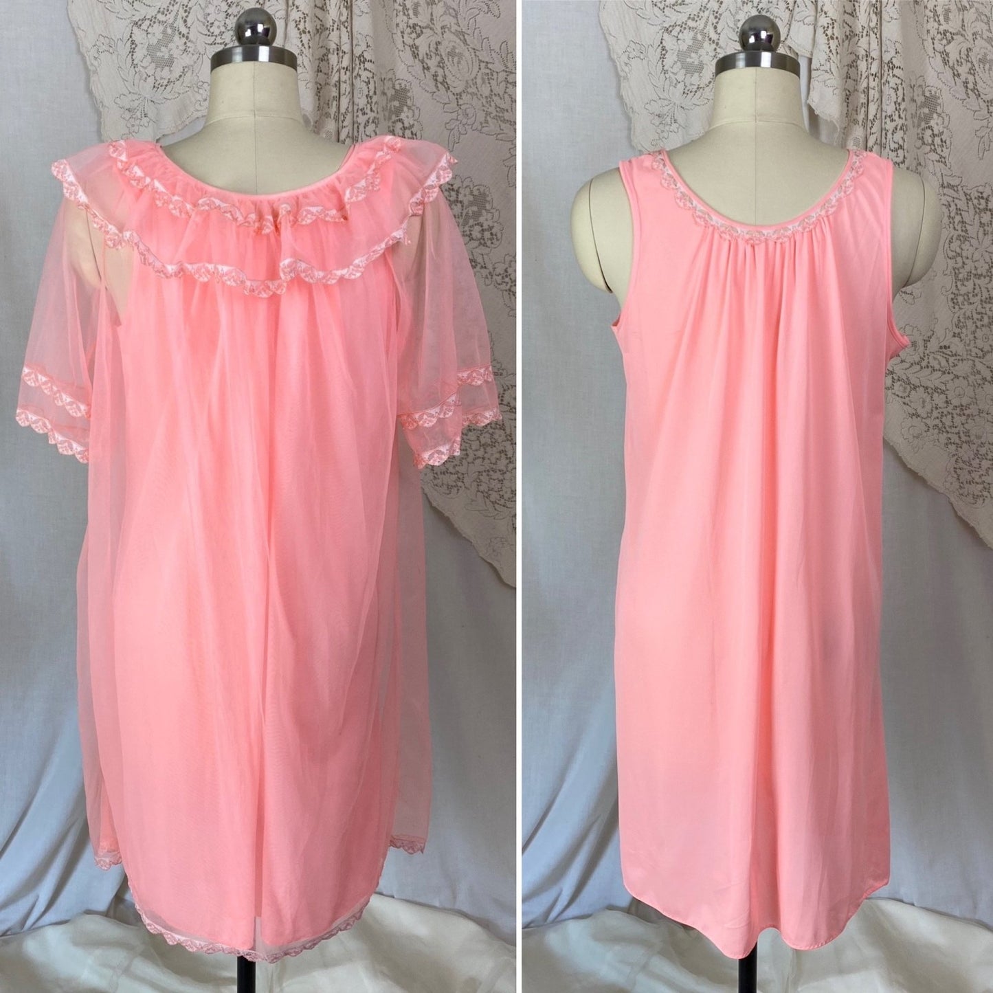 Vintage 1960's Nightgown & Peignoir Set | Bright Flamingo Pink with Lace | Size M, LG - Daggers & Dames