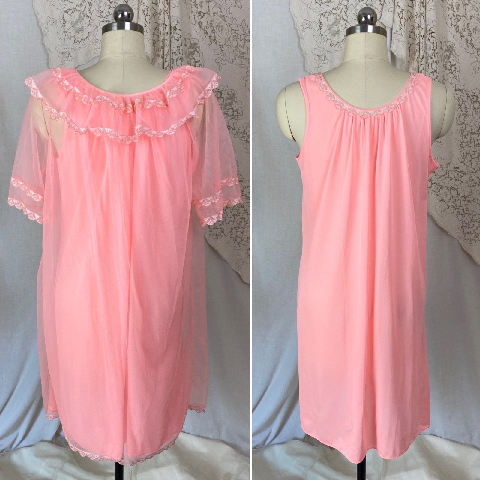 Vintage 1960's Nightgown & Peignoir Set | Bright Flamingo Pink with Lace | Size M, LG - Daggers & Dames