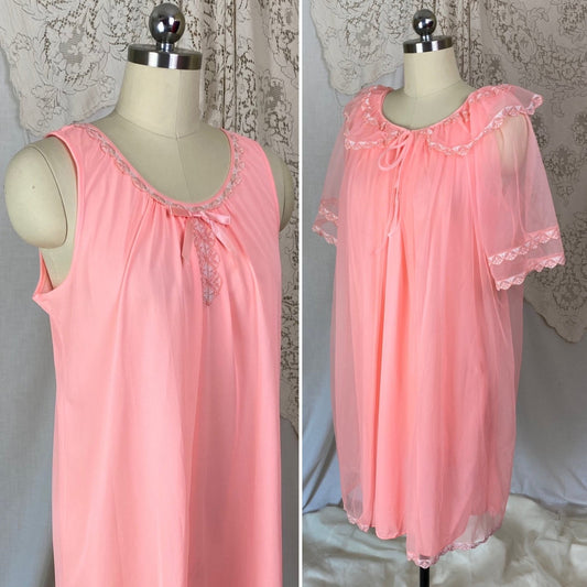 Vintage 1960's Nightgown & Peignoir Set | Bright Flamingo Pink with Lace | Size M, LG - Daggers & Dames