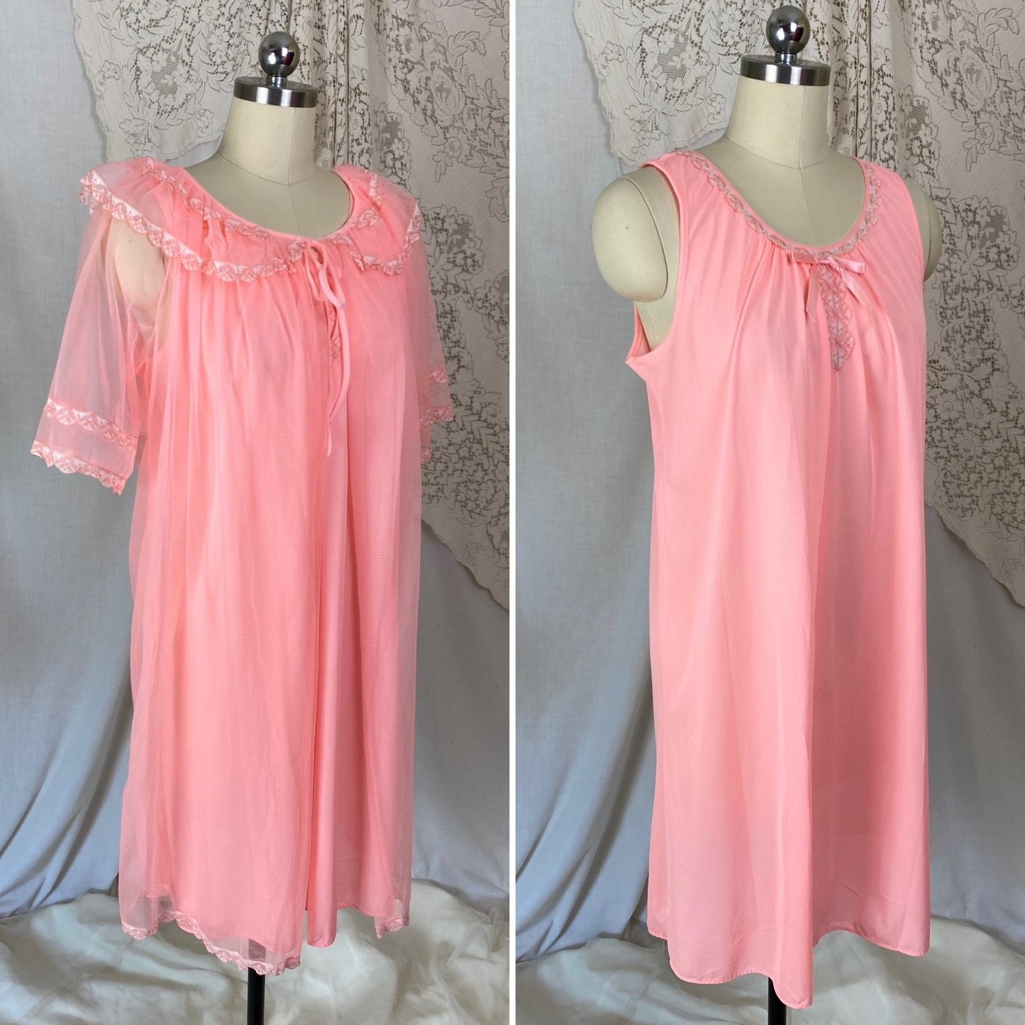 Vintage 1960's Nightgown & Peignoir Set | Bright Flamingo Pink with Lace | Size M, LG - Daggers & Dames