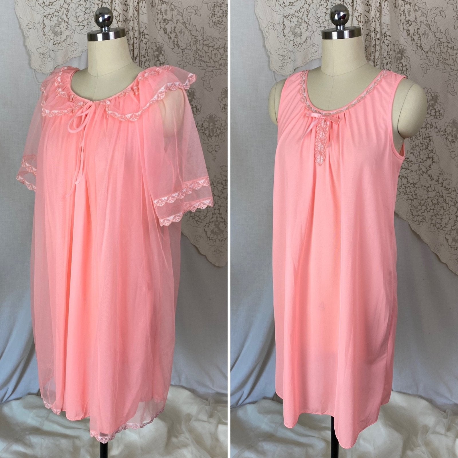 Vintage 1960's Nightgown & Peignoir Set | Bright Flamingo Pink with Lace | Size M, LG - Daggers & Dames