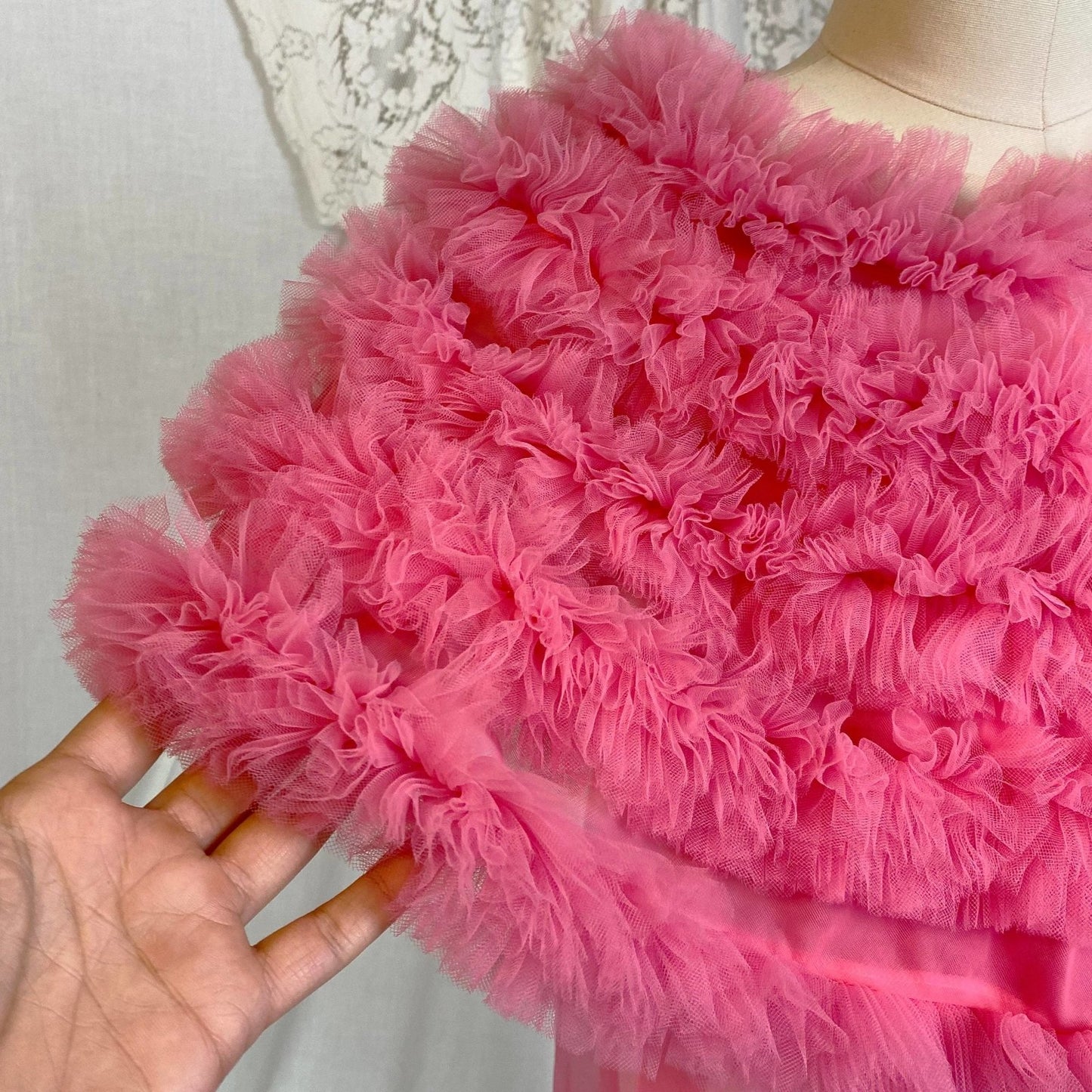 Vintage 1960's Nightgown & Peignoir Set | Bright Pink Nylon Chiffon with Ruffled Tulle Capelet | Size S, M, LG | Lisette by Al Sterling - Daggers & Dames