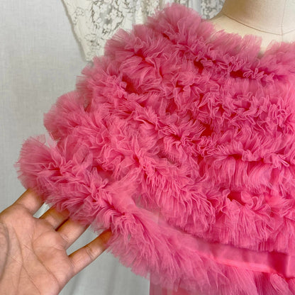 Vintage 1960's Nightgown & Peignoir Set | Bright Pink Nylon Chiffon with Ruffled Tulle Capelet | Size S, M, LG | Lisette by Al Sterling - Daggers & Dames