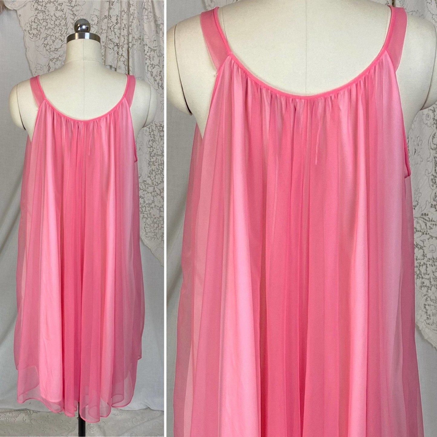 Vintage 1960's Nightgown & Peignoir Set | Bright Pink Nylon Chiffon with Ruffled Tulle Capelet | Size S, M, LG | Lisette by Al Sterling - Daggers & Dames