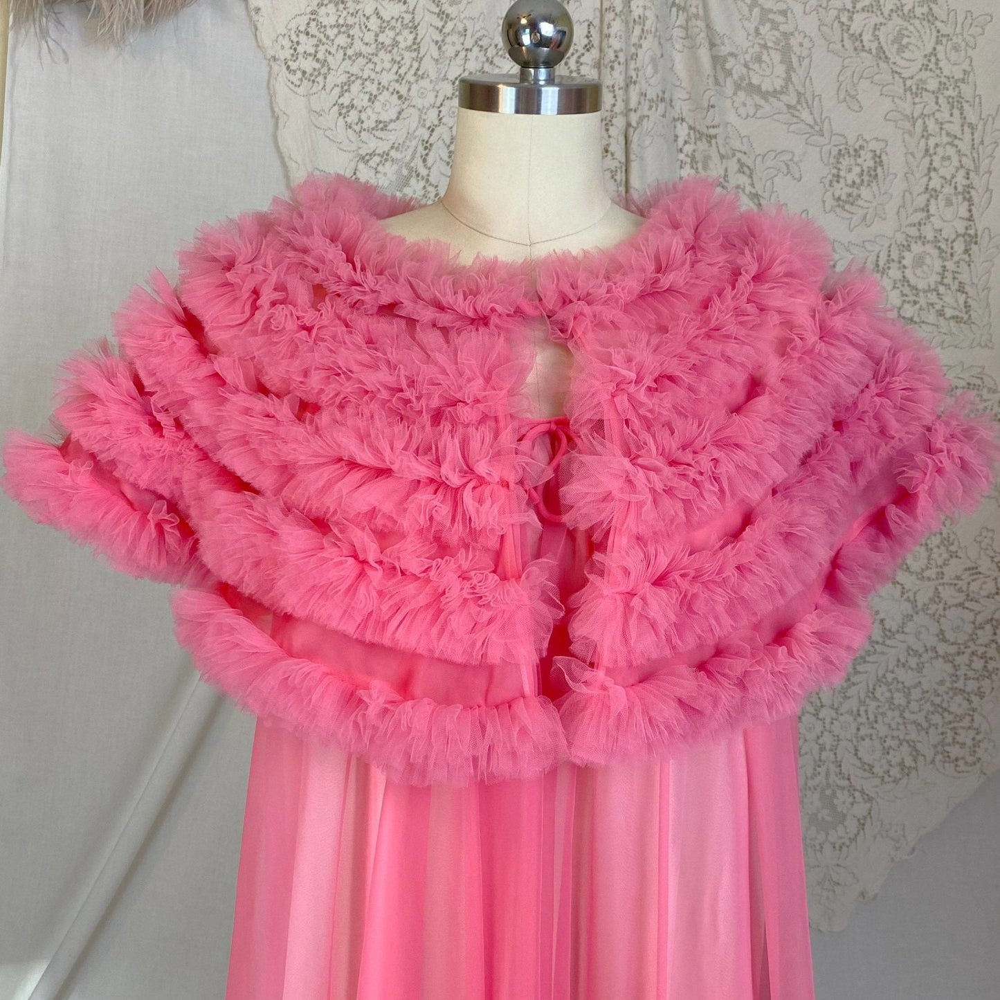 Vintage 1960's Nightgown & Peignoir Set | Bright Pink Nylon Chiffon with Ruffled Tulle Capelet | Size S, M, LG | Lisette by Al Sterling - Daggers & Dames