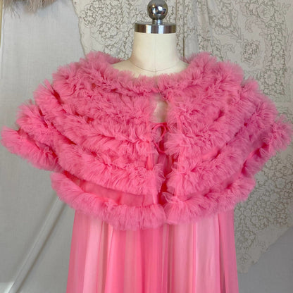 Vintage 1960's Nightgown & Peignoir Set | Bright Pink Nylon Chiffon with Ruffled Tulle Capelet | Size S, M, LG | Lisette by Al Sterling - Daggers & Dames