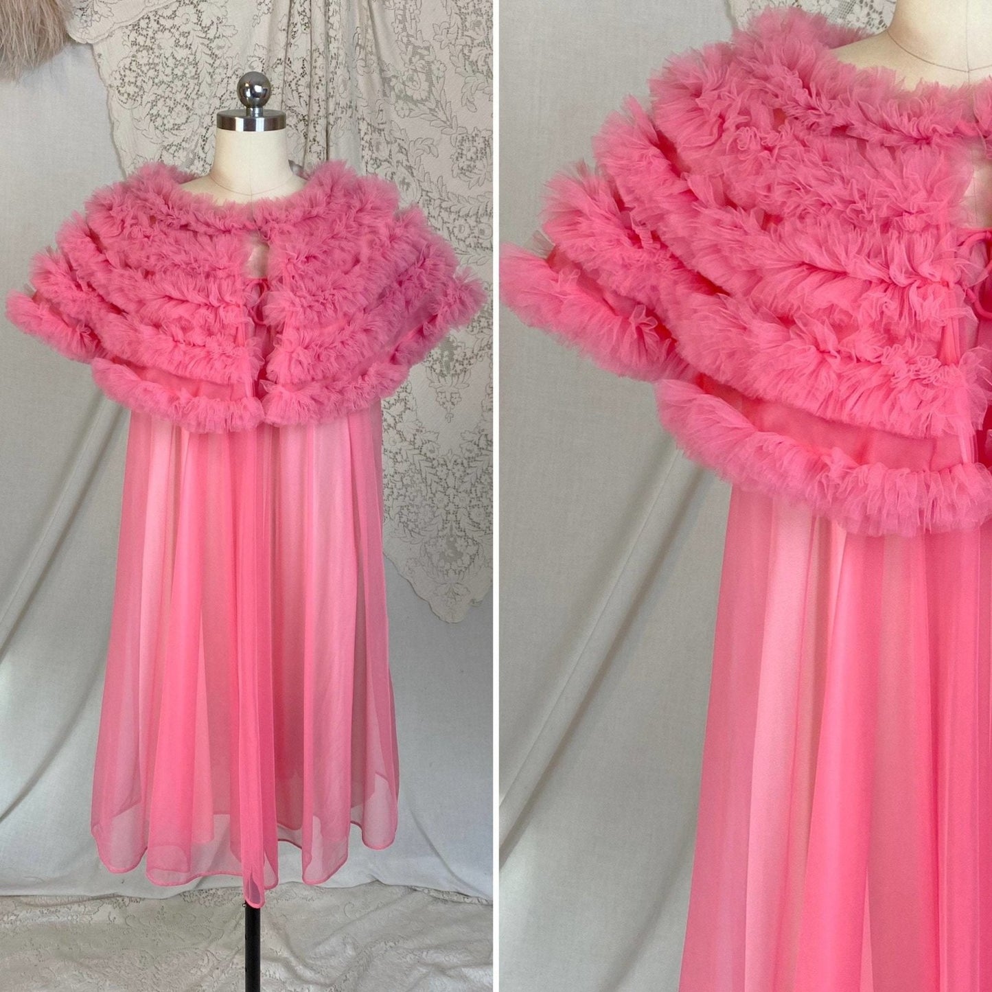 Vintage 1960's Nightgown & Peignoir Set | Bright Pink Nylon Chiffon with Ruffled Tulle Capelet | Size S, M, LG | Lisette by Al Sterling - Daggers & Dames