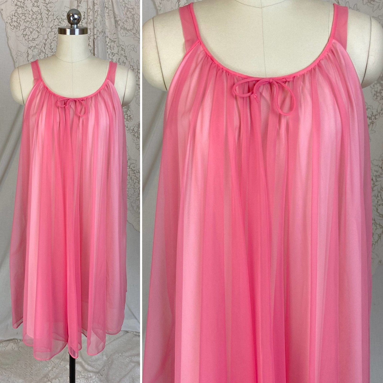 Vintage 1960's Nightgown & Peignoir Set | Bright Pink Nylon Chiffon with Ruffled Tulle Capelet | Size S, M, LG | Lisette by Al Sterling - Daggers & Dames