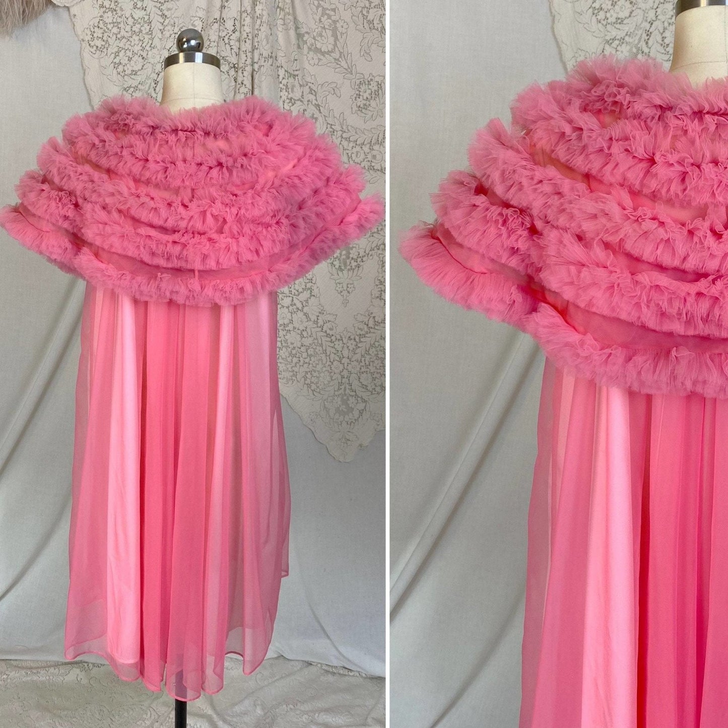 Vintage 1960's Nightgown & Peignoir Set | Bright Pink Nylon Chiffon with Ruffled Tulle Capelet | Size S, M, LG | Lisette by Al Sterling - Daggers & Dames
