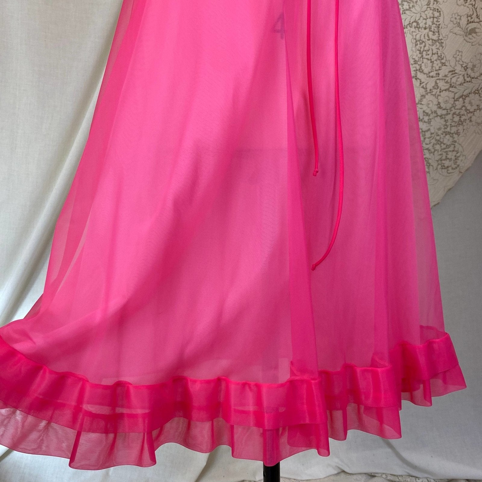 Vintage 1960's Nightgown & Peignoir Set | Hot Pink Nylon Chiffon with Ruffles | Size XS, S | Gotham - Daggers & Dames