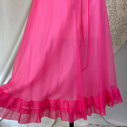 Vintage 1960's Nightgown & Peignoir Set | Hot Pink Nylon Chiffon with Ruffles | Size XS, S | Gotham - Daggers & Dames