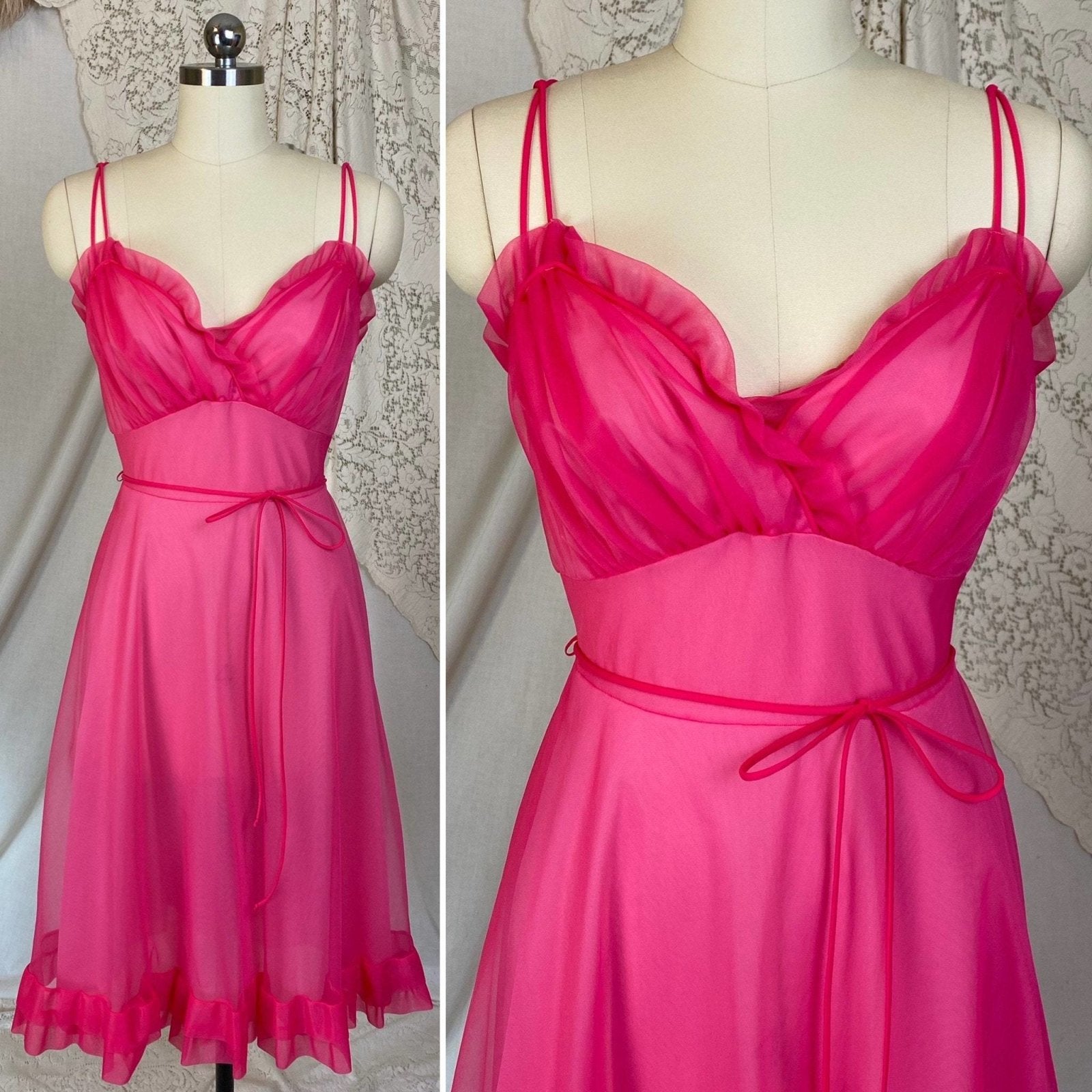 Vintage 1960's Nightgown & Peignoir Set | Hot Pink Nylon Chiffon with Ruffles | Size XS, S | Gotham - Daggers & Dames
