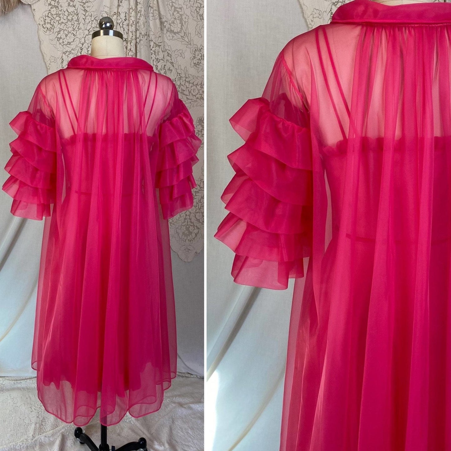 Vintage 1960's Nightgown & Peignoir Set | Hot Pink Nylon Chiffon with Ruffles | Size XS, S | Gotham - Daggers & Dames