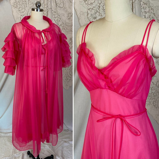Vintage 1960's Nightgown & Peignoir Set | Hot Pink Nylon Chiffon with Ruffles | Size XS, S | Gotham - Daggers & Dames