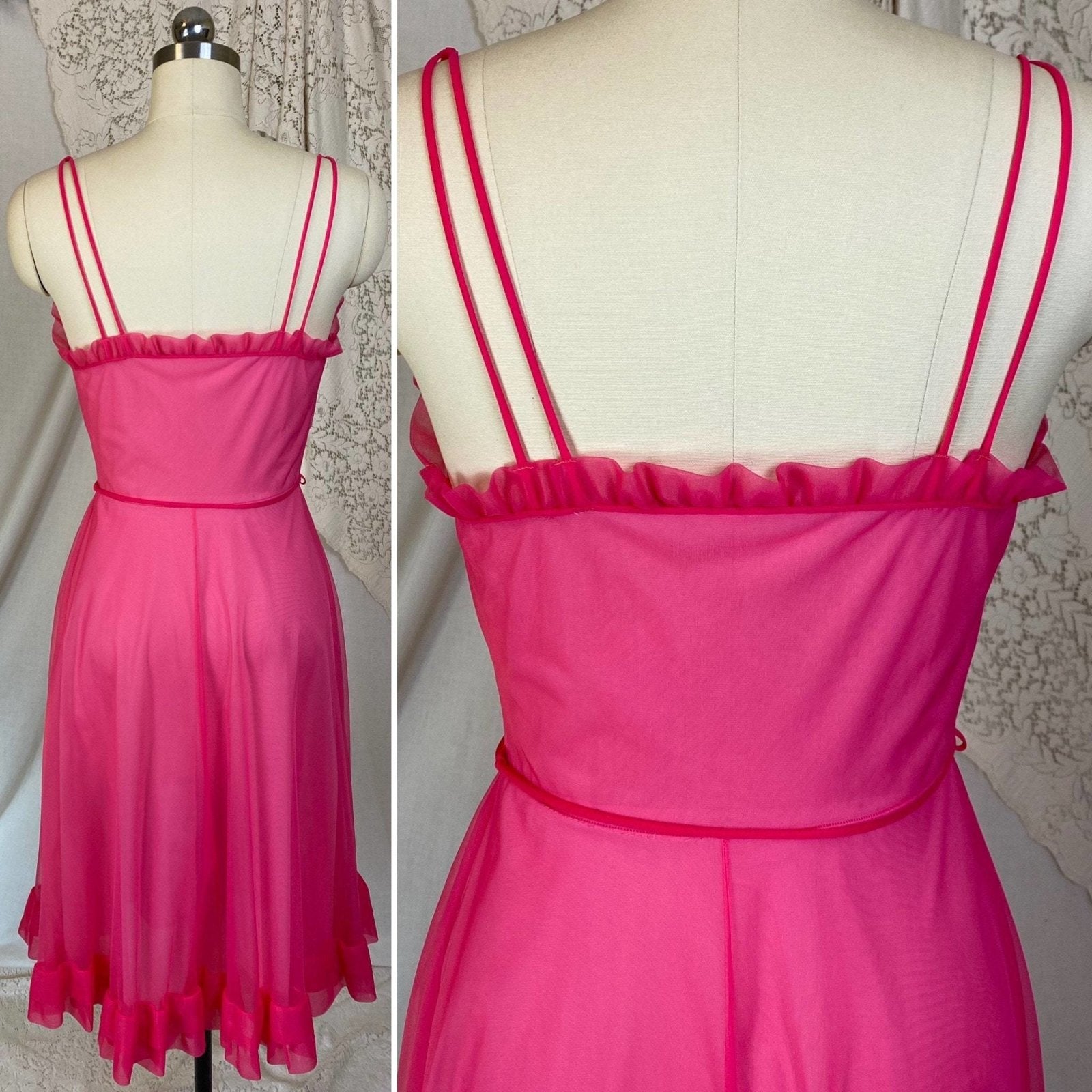 Vintage 1960's Nightgown & Peignoir Set | Hot Pink Nylon Chiffon with Ruffles | Size XS, S | Gotham - Daggers & Dames
