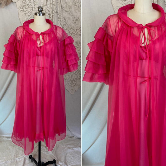 Vintage 1960's Nightgown & Peignoir Set | Hot Pink Nylon Chiffon with Ruffles | Size XS, S | Gotham - Daggers & Dames