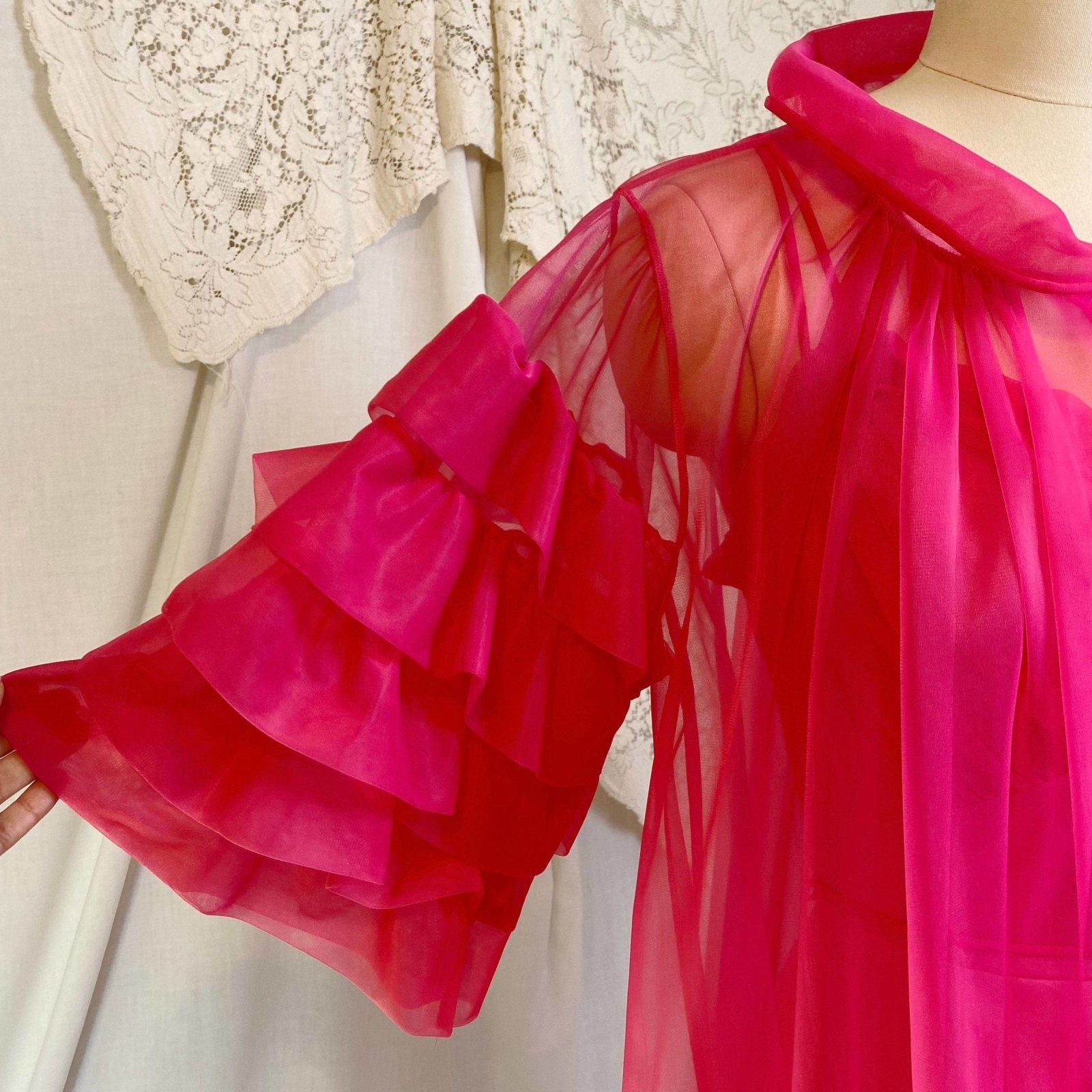 Vintage 1960's Nightgown & Peignoir Set | Hot Pink Nylon Chiffon with Ruffles | Size XS, S | Gotham - Daggers & Dames