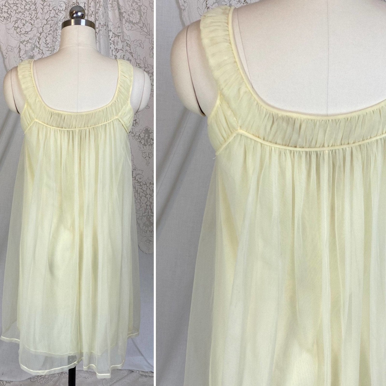 Vintage 1960's Nightgown & Peignoir Set | Pale Pastel Yellow Nylon Chiffon with Ruffles | Size XS, S | Virginia Wallace - Daggers & Dames