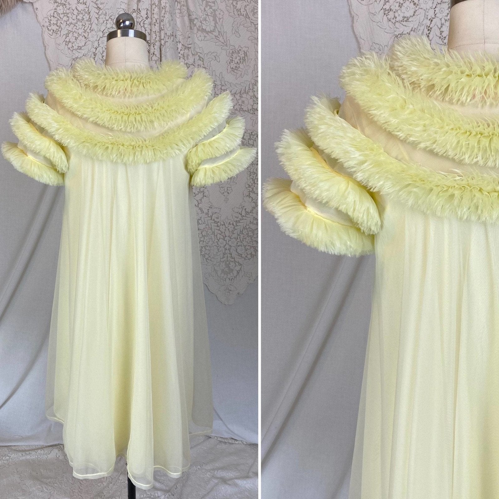 Vintage 1960's Nightgown & Peignoir Set | Pale Pastel Yellow Nylon Chiffon with Ruffles | Size XS, S | Virginia Wallace - Daggers & Dames