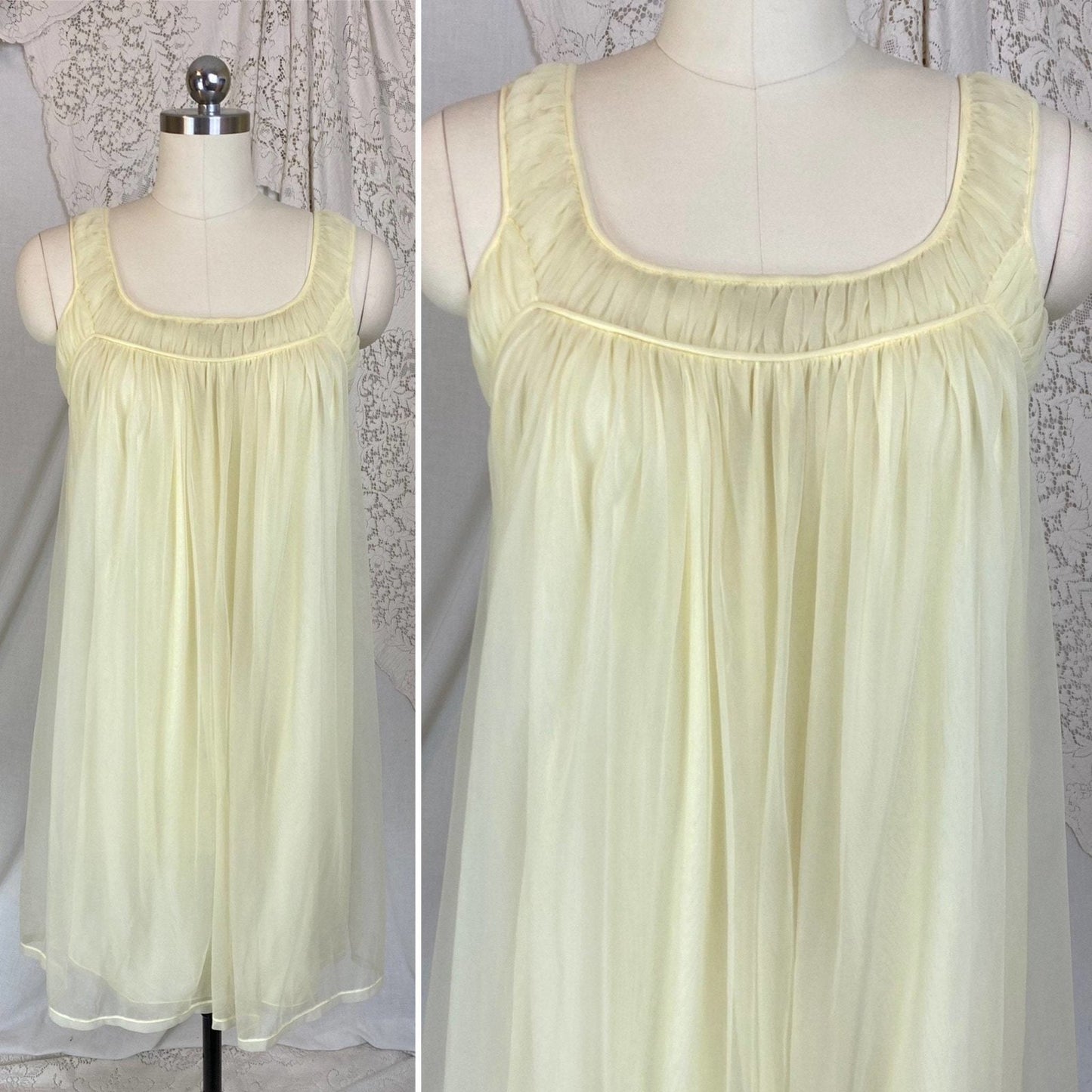 Vintage 1960's Nightgown & Peignoir Set | Pale Pastel Yellow Nylon Chiffon with Ruffles | Size XS, S | Virginia Wallace - Daggers & Dames